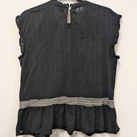 Böhme Black White Embroidered with Patch Fabric Short Sleeve Boho Top sz S - Picture 4 of 10